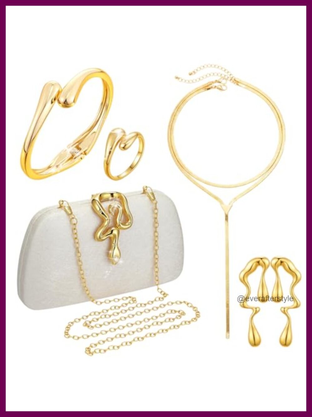 5 Pc Gold Brass Jewelry Set with Clutch Bag Snake Choker Necklace Earrings Ring